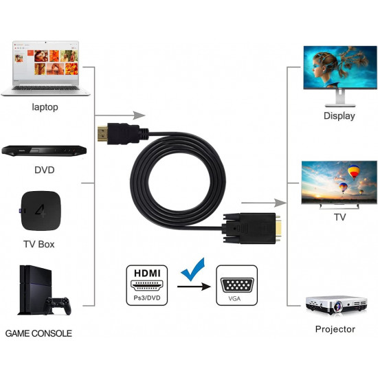 Epxee Computer cables ，HDMI to VGA cable , Epxee Gold-Plated HDMI to VGA 6 Feet Cable (Male to Male) Compatible for Computer, Desktop, Laptop, PC, Monitor, Projector, HDTV, Raspberry Pi, Roku, Xbox and More